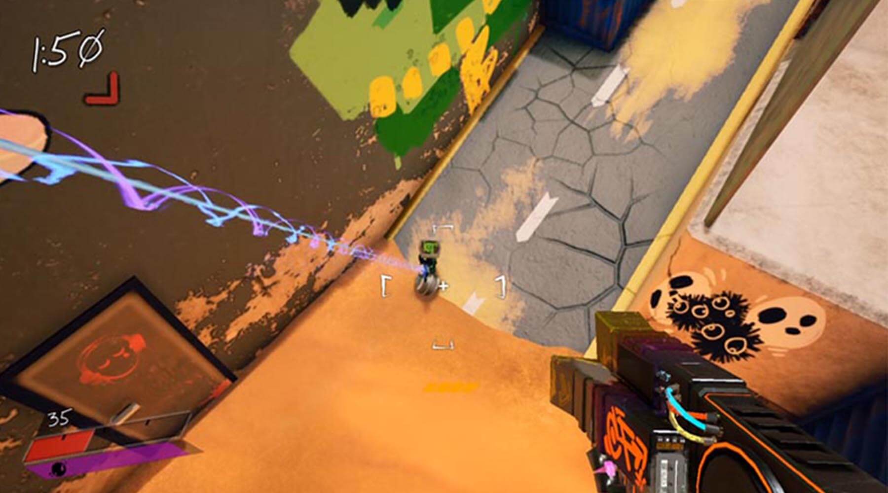 In-game screenshot of player, midair, aiming weapon's crosshair down at enemy robot.