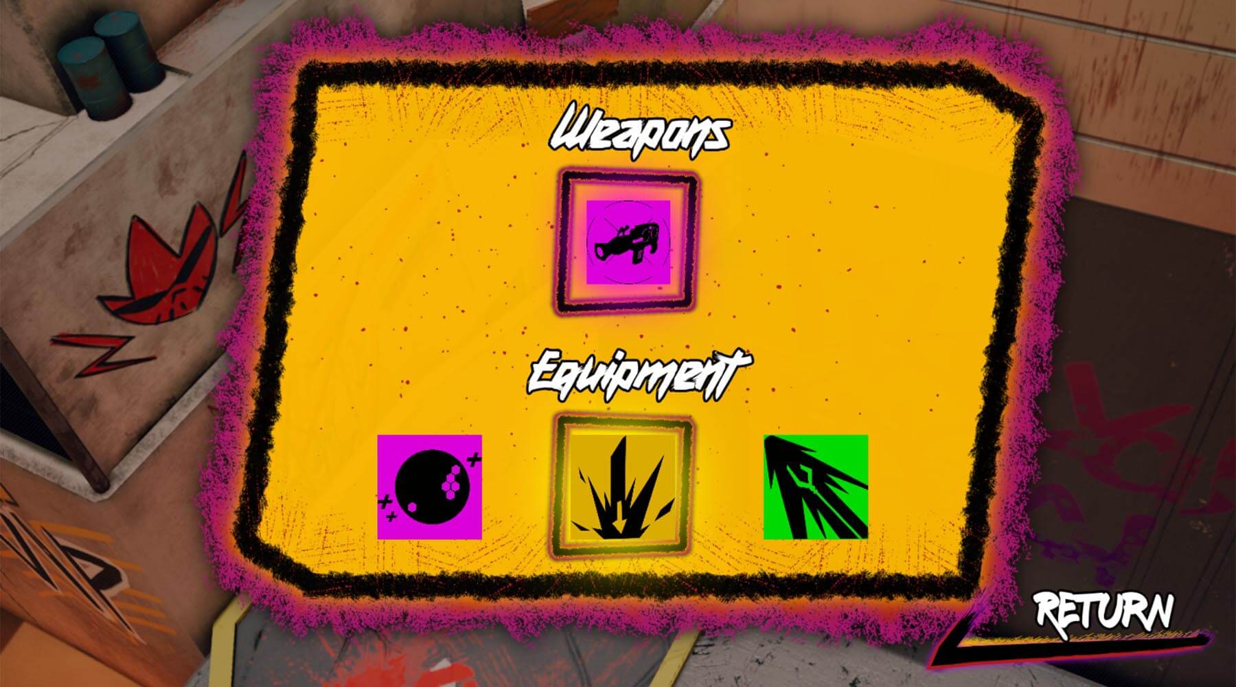 In-game screenshot of weapon and equipment selection screen. 