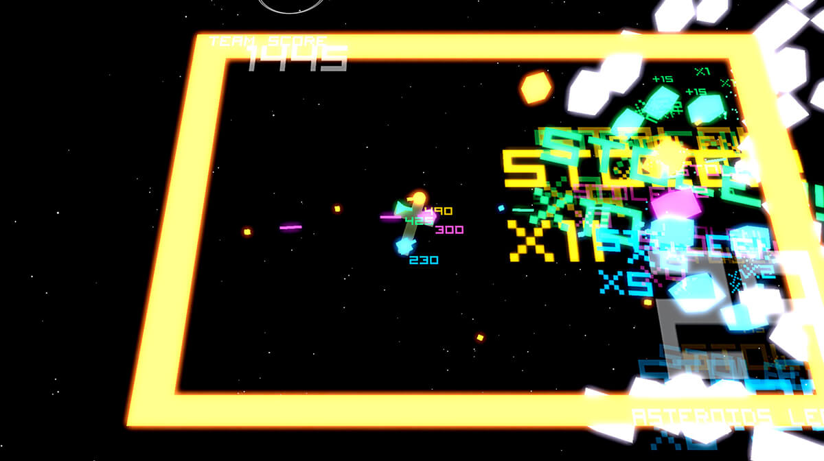 Screenshot of student game Super Space _____ featuring a gray blocky spaceship with 4 turrets shooting at incoming cubes