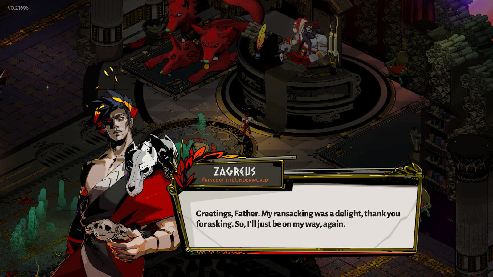 Screenshot of the character Zagreus speaking in the game Hades.