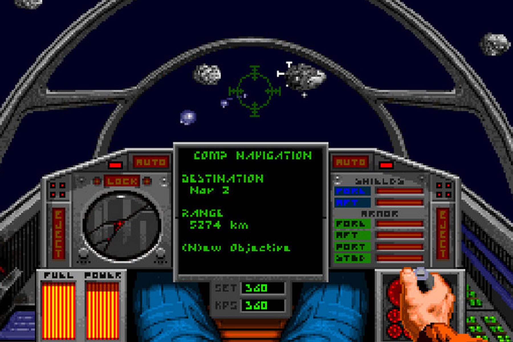 Screenshot of the cockpit in classic pc game Wing Commander 2