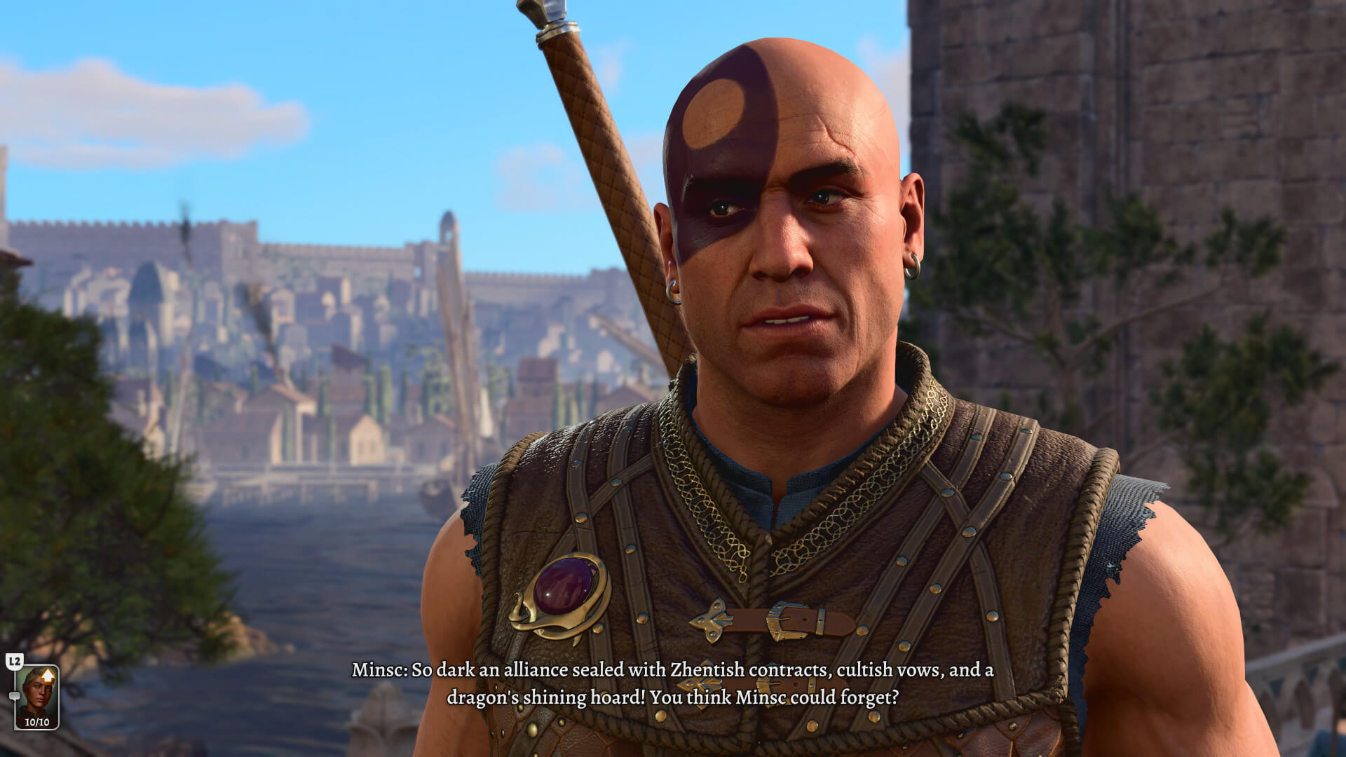 Baldur’s Gate 3 screenshot of a face-tattooed human character with walled city in the background.