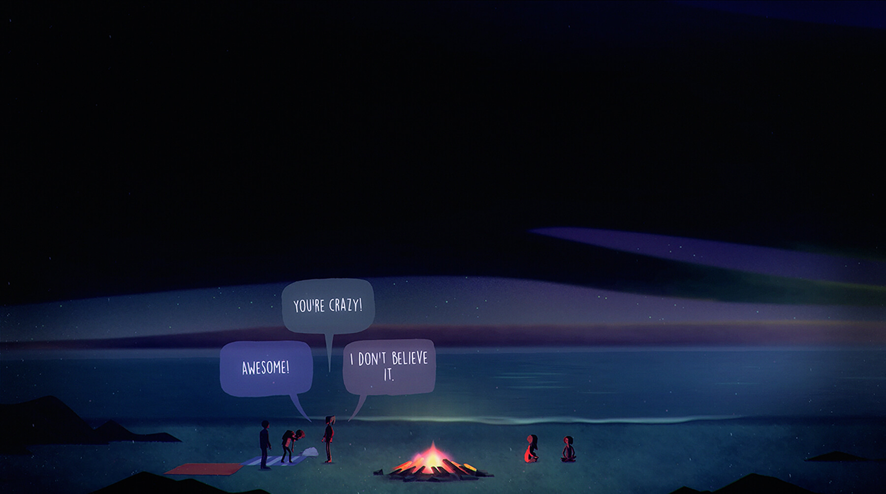 Screenshot from Oxenfree of teenaged characters saying "Awesome!", "You're crazy!", "I don't believe it." at a campfire by a lake