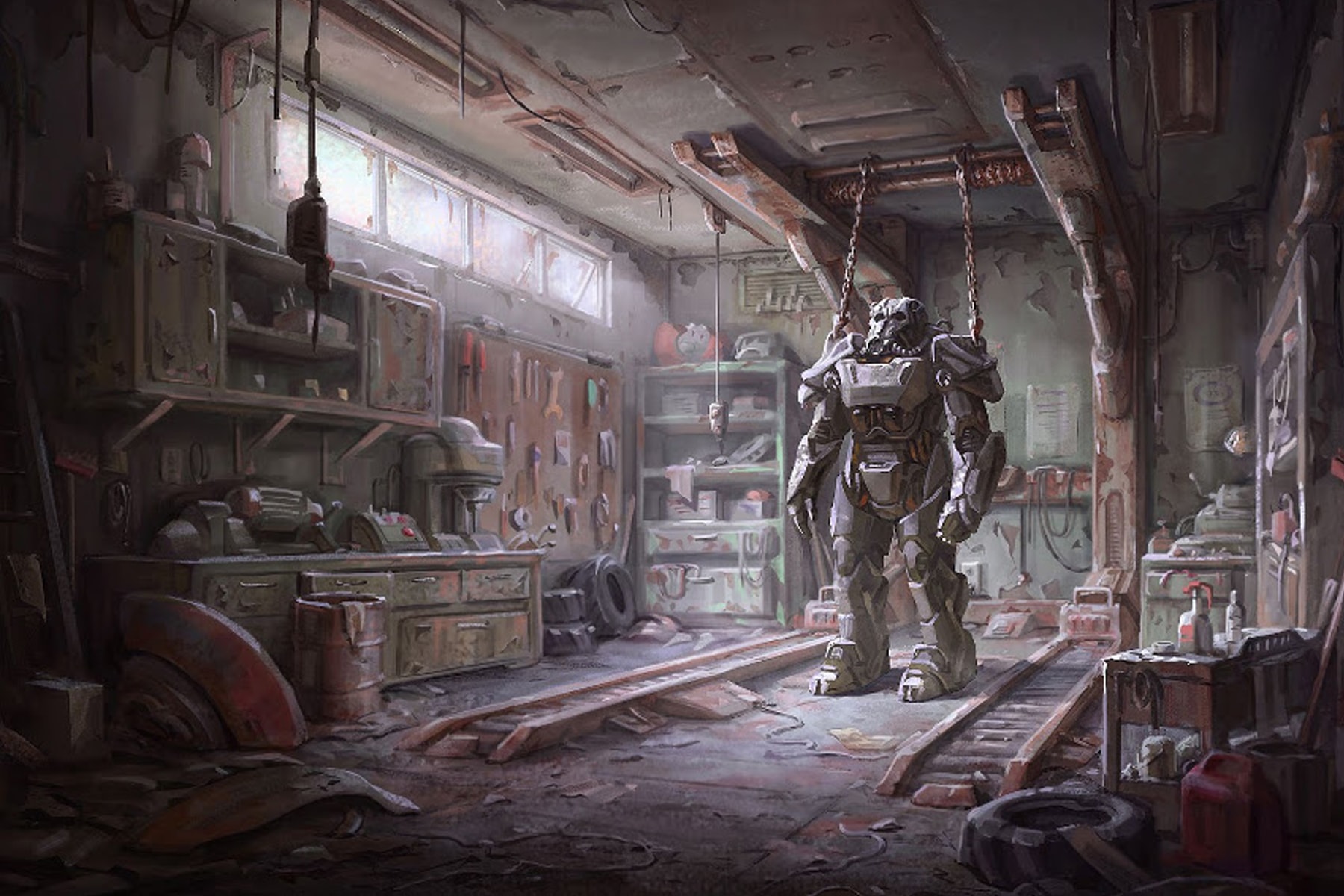 Illustration of a Fallout 4 power armor garage, a dusty workshop filled with tools and an armor suspended from the ceiling