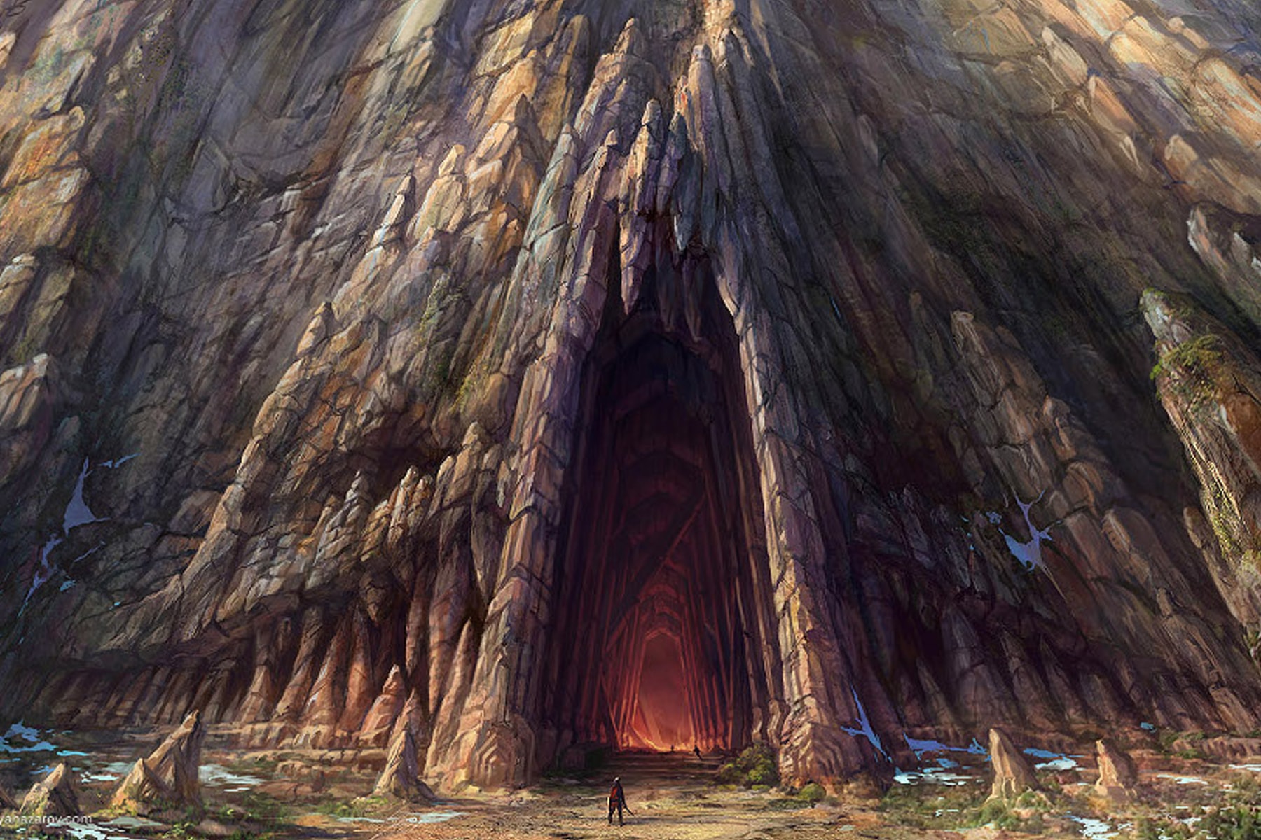 Illustration of the entrance to the dragon's lair in the lord of the rings game, a massive opening in the side of a rock wall
