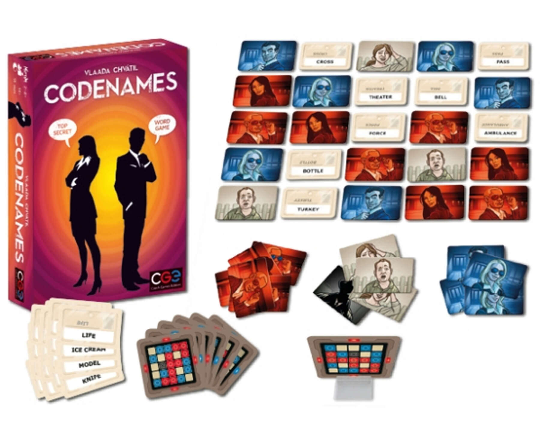 The art and game pieces for the tabletop game Codenames.