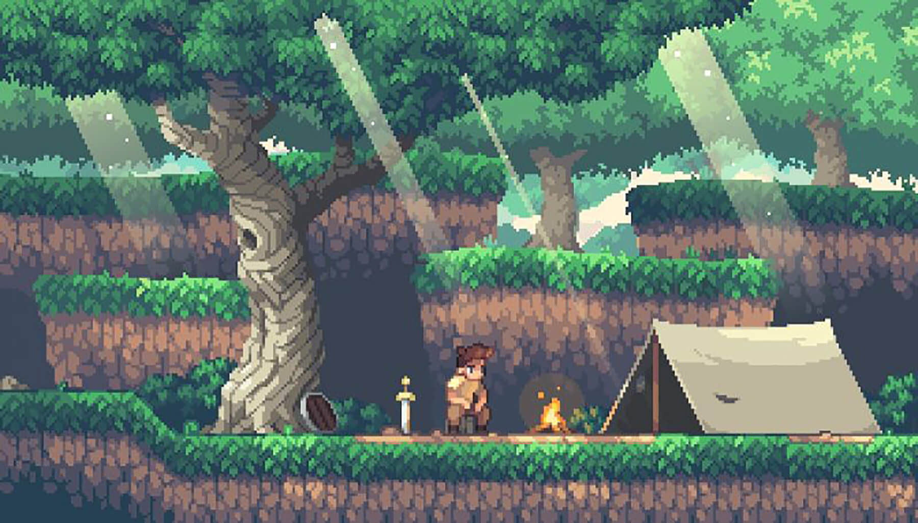 Pixel art of a young man in a forest campsite sitting next to a sword and shield, fire, and tent.
