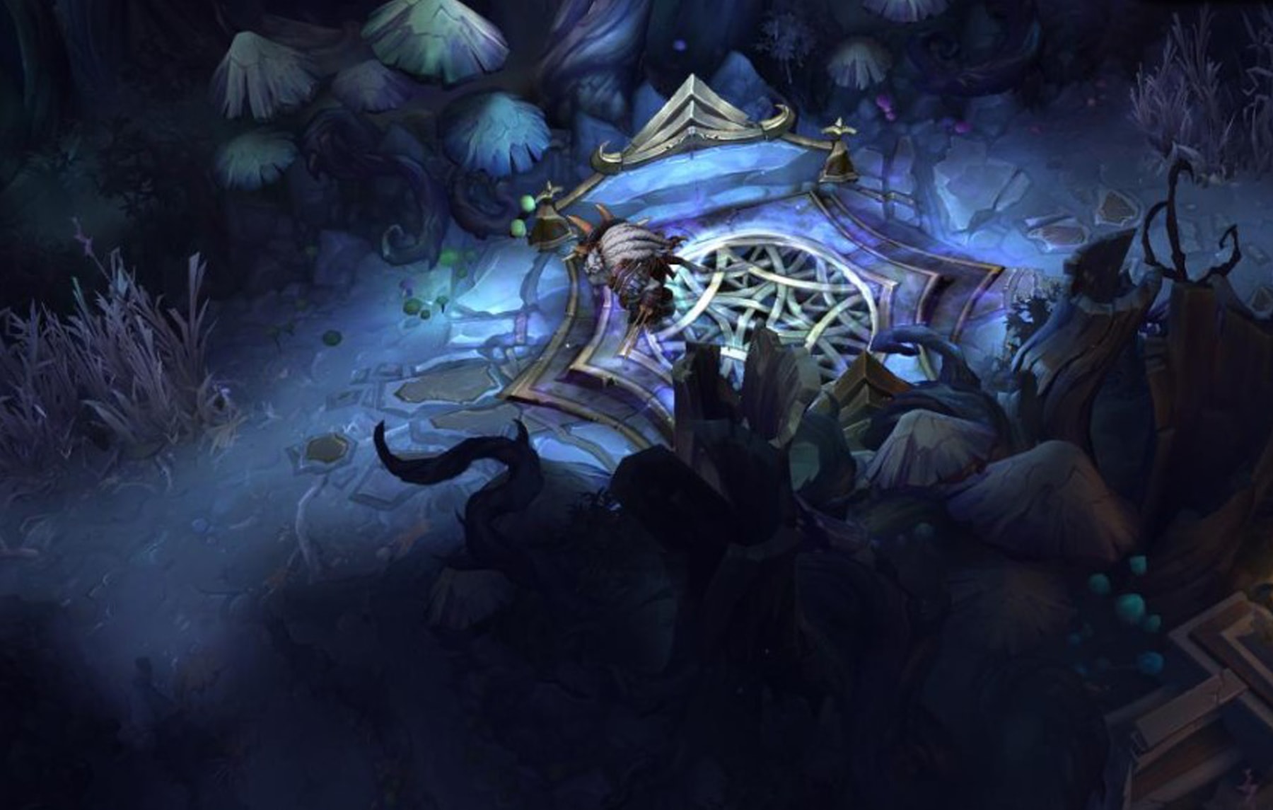 A darkened forest in the Twisted Treeline map from League of Legends
