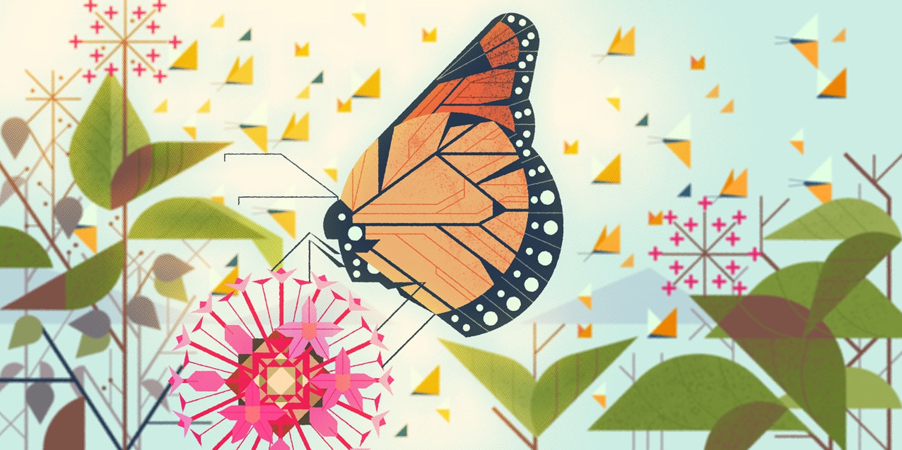 Kevin Dart's illustration of a monarch butterfly among the flowers