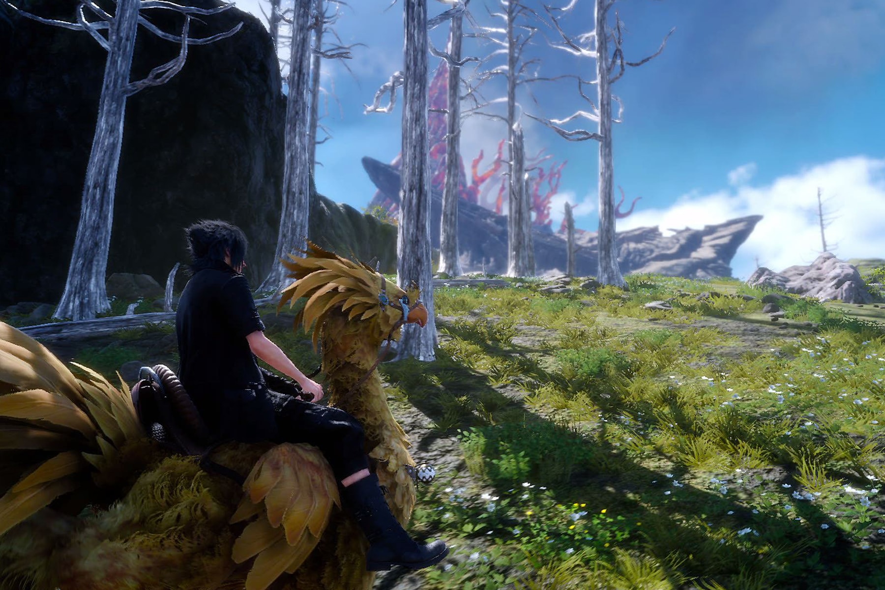 Screenshot from Final Fantasy XV featuring a character riding a bird-like creature