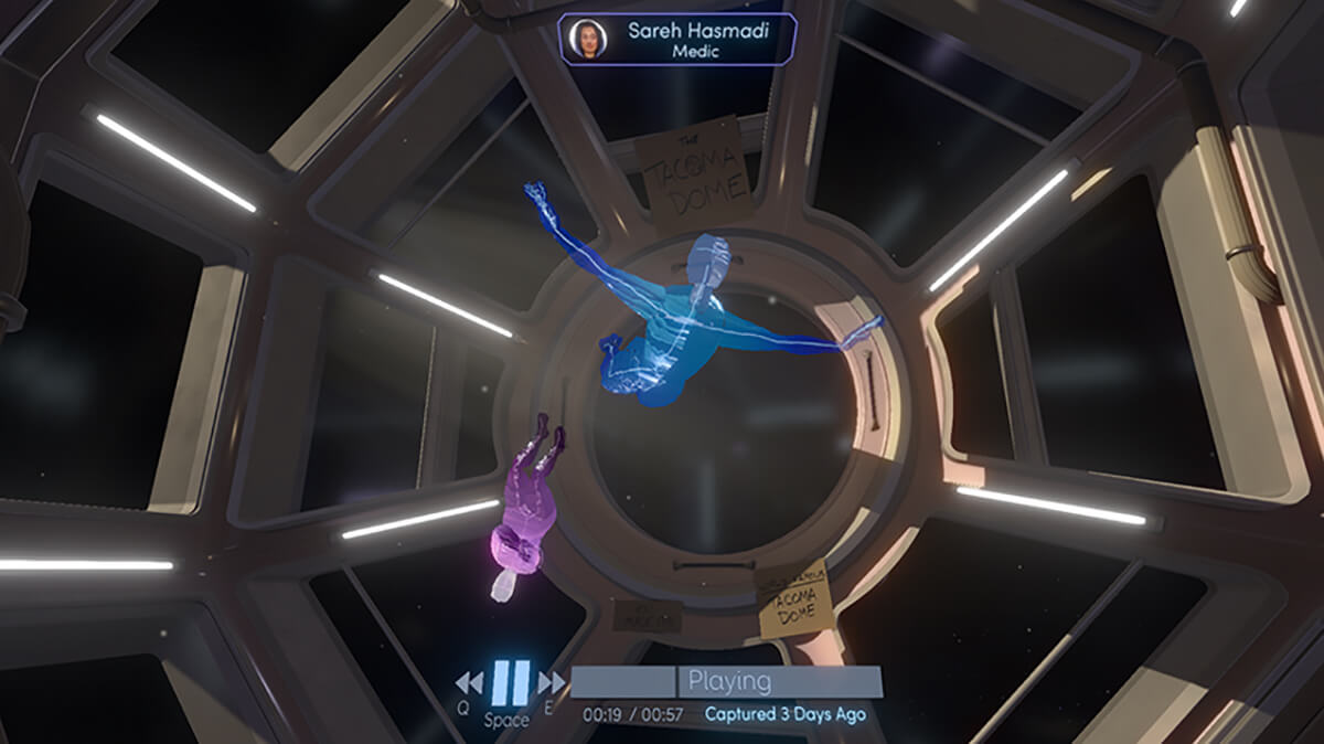 A screenshot from the Fullbright Company's game Tacoma, featuring two faceless characters floating in an observation dome