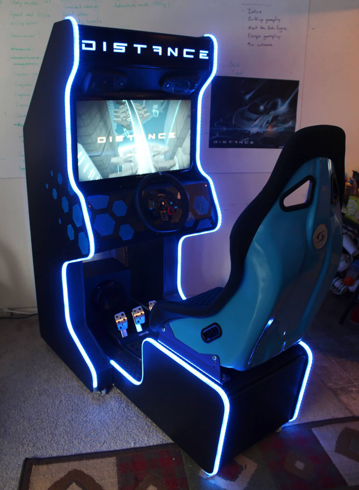 A handmade Distance arcade cabinet ready for delivery to a Kickstarter backer