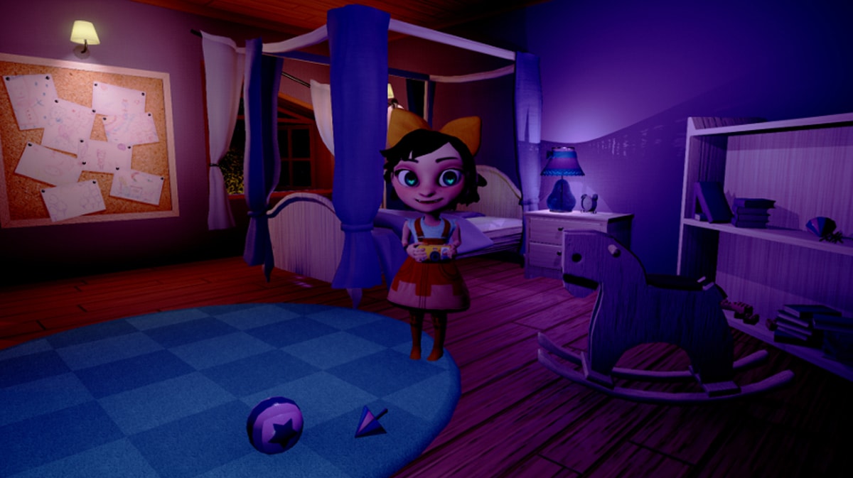 Melanie standing in a darkened bedroom next to a hobby horse in a screenshot from Somnus