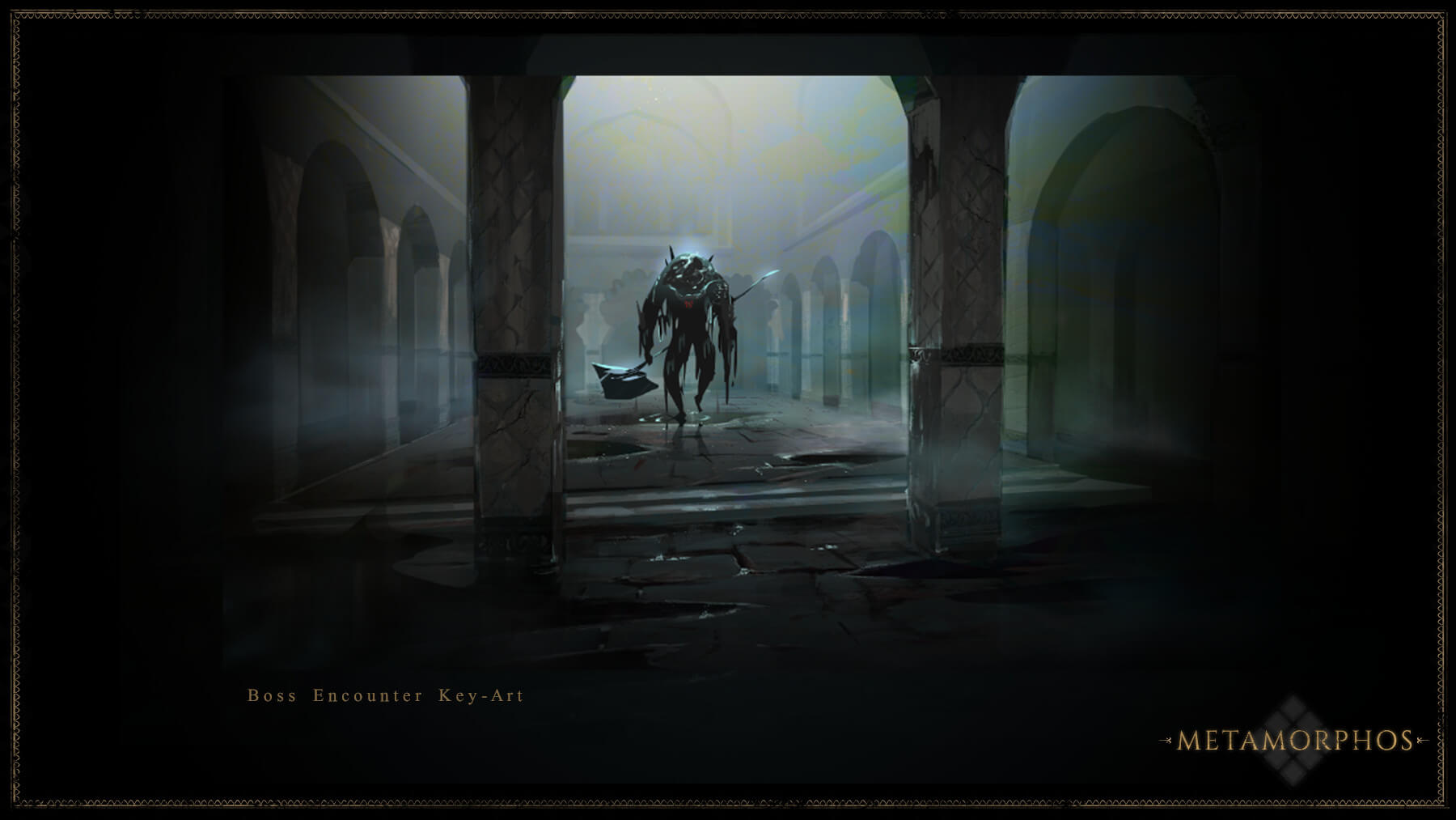 Hammer-wielding creature in a dark temple courtyard.