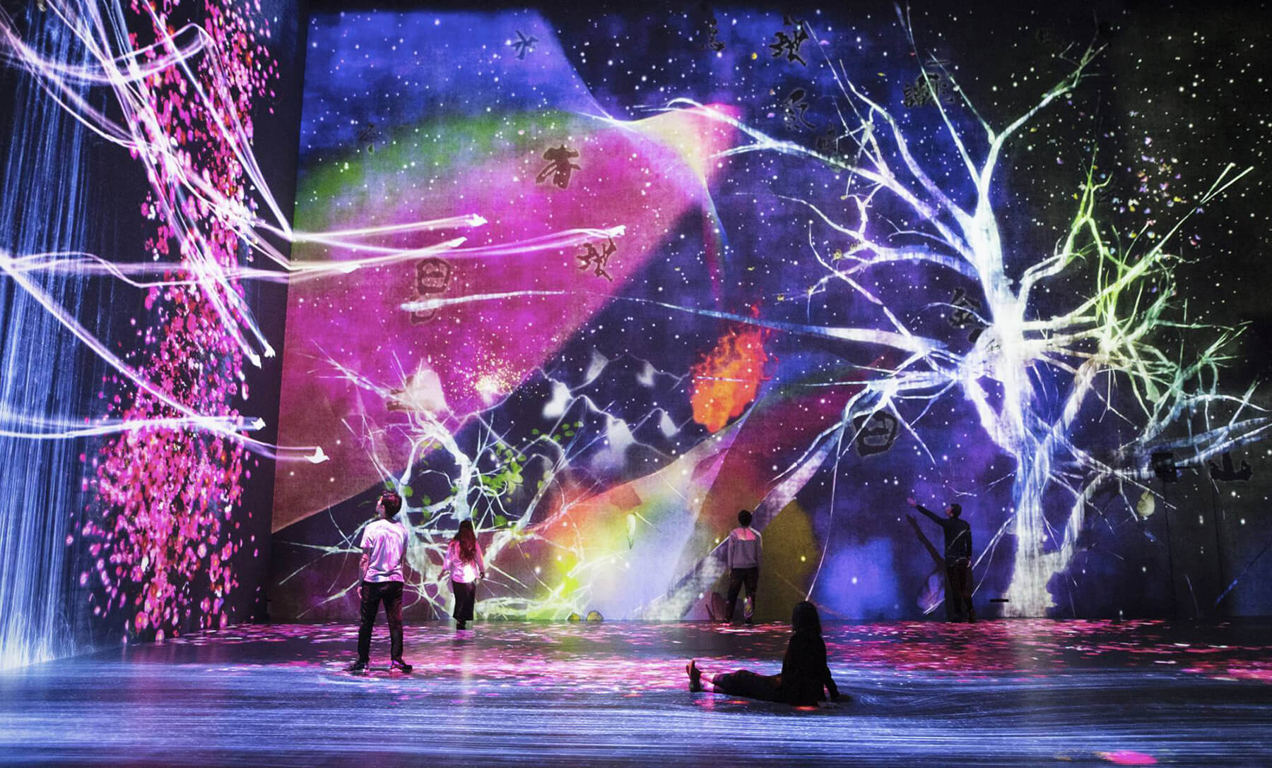 teamLab art viewers gaze at a room full of digital trees, birds, and outer space. 