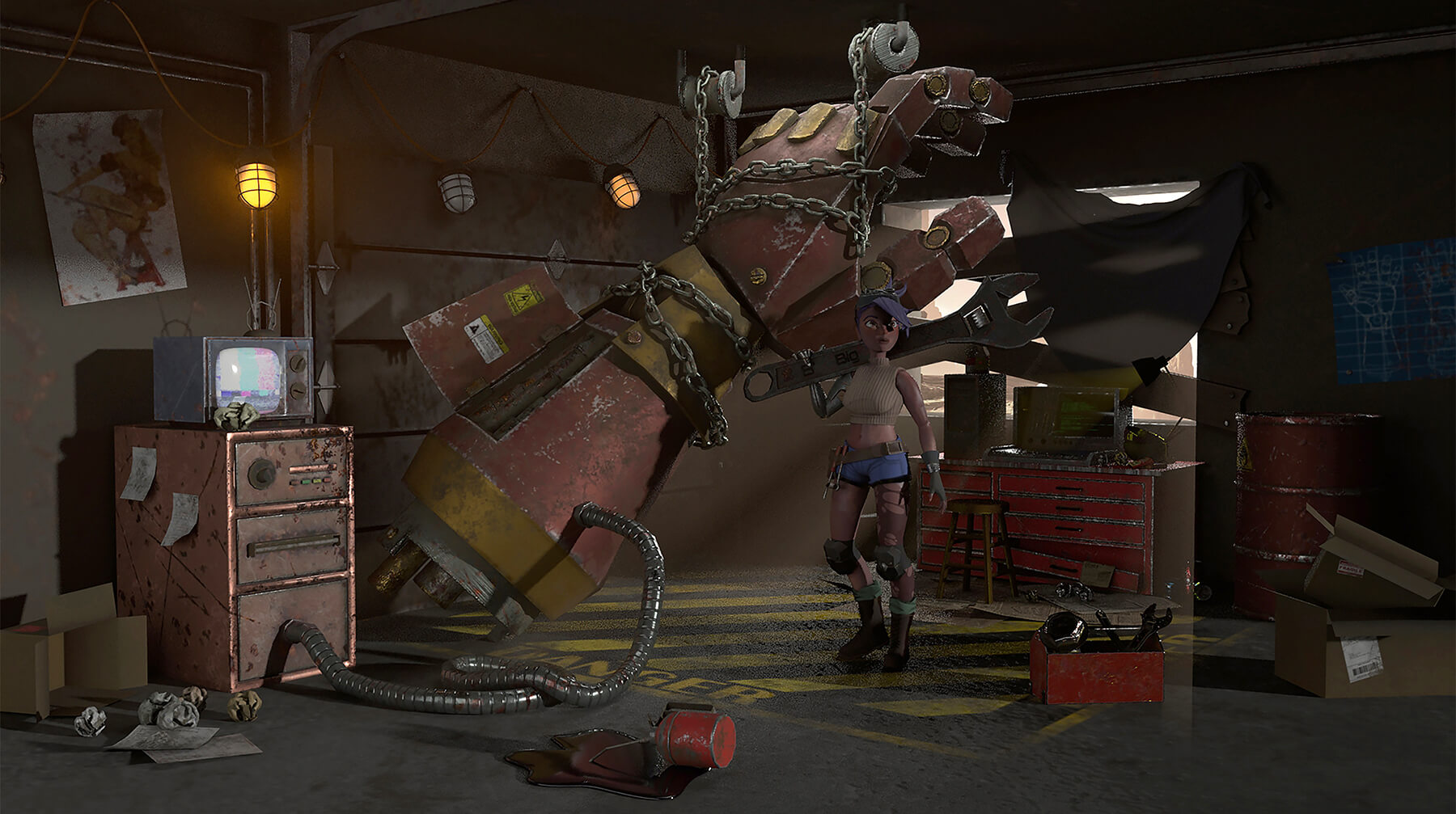 3D model of a woman mechanic holding a giant wrench, standing in a garage next to a giant robot arm.