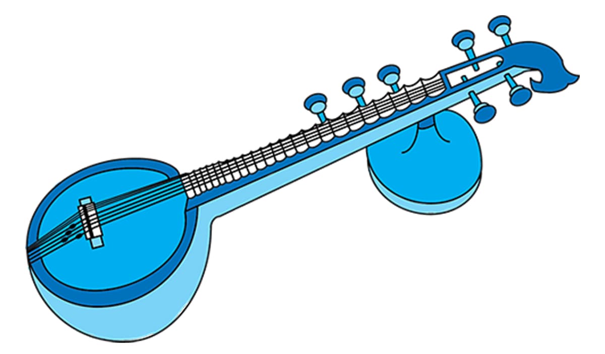 Drawing of a veena, an Indian instrument which looks a bit like a guitar