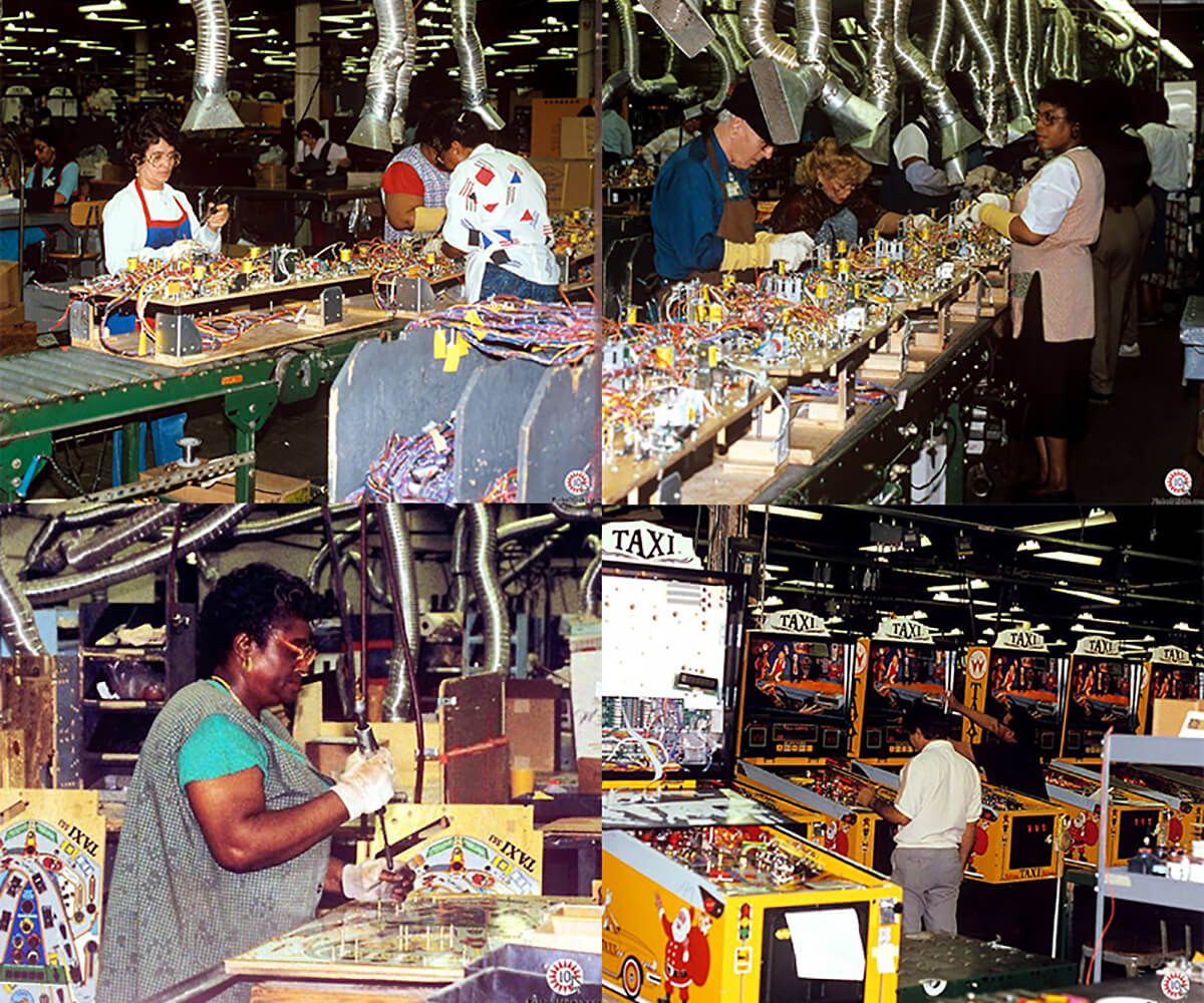 Collage of pictures of the Williams Electronic Games pinball machine factory floor in 1988, courtesy of Joel Shprentz from pinballclicks.com