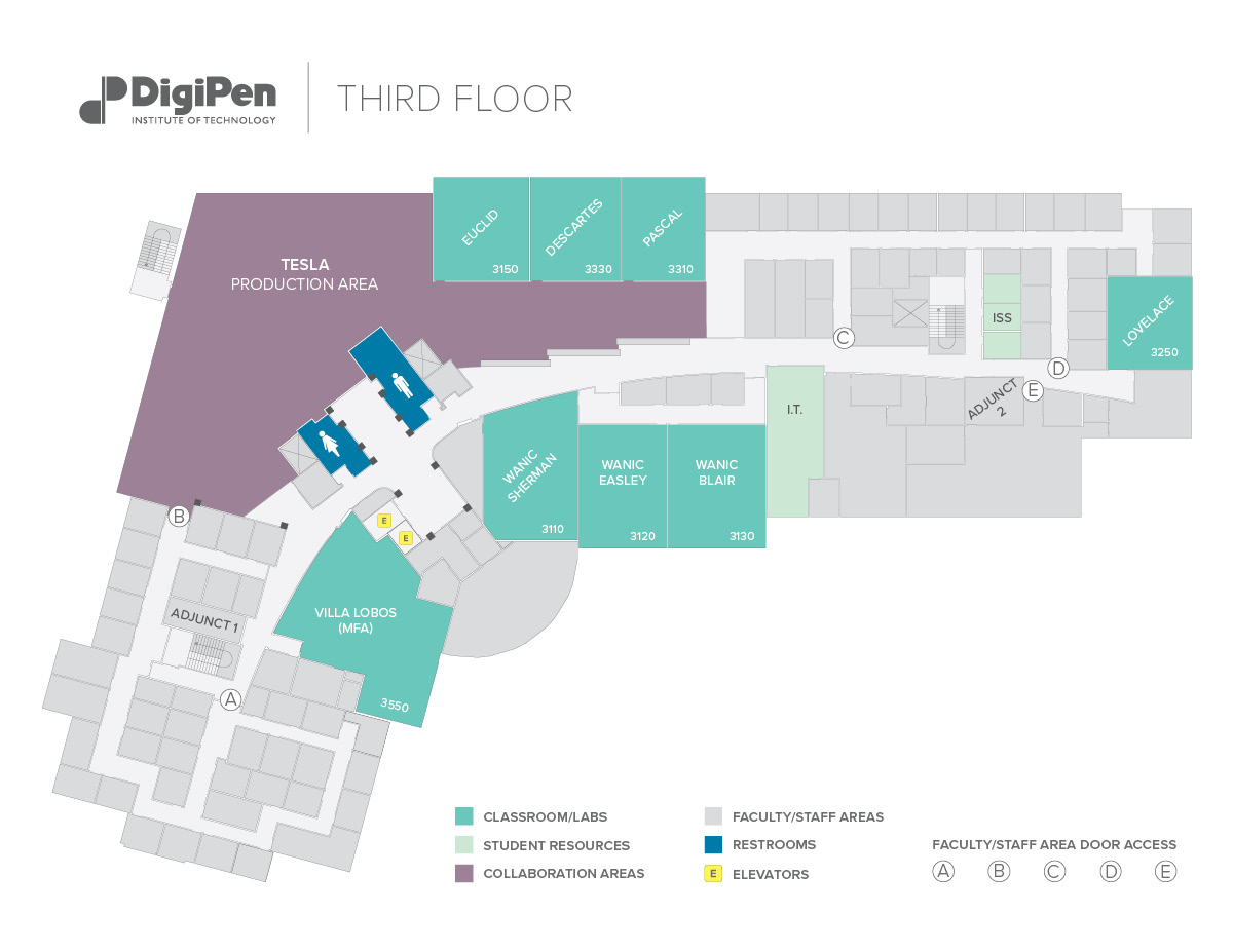 Map of the third floor of the DigiPen building in Redmond, WA