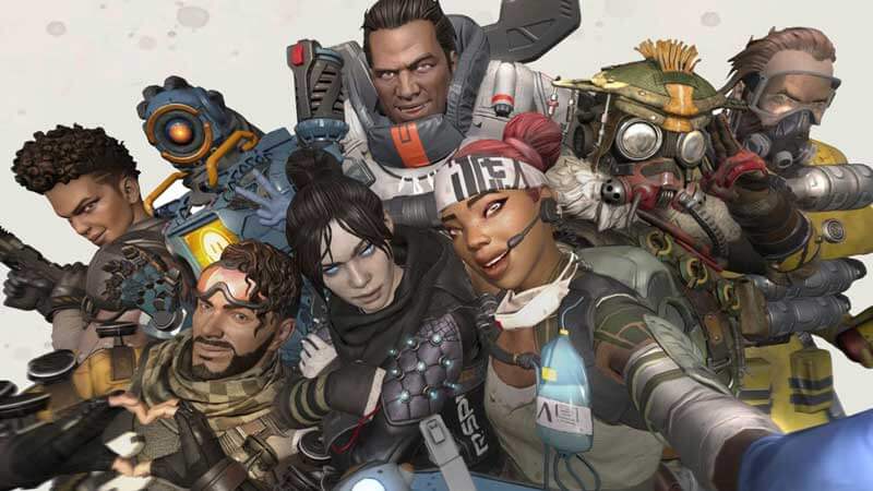 The characters from Apex Legends pose for a selfie.