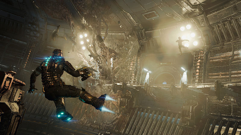 Dead Space protagonist maneuvers in zero-gravity environment.