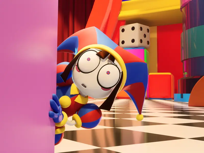 A screenshot of the clown character Pomni from The Amazing Digital Circus peering nervously around the corner of a pink wall.