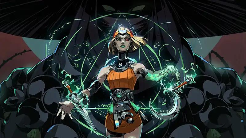 Melinoë stands with a sickle, dagger, and spell glyphs floating in front of her.