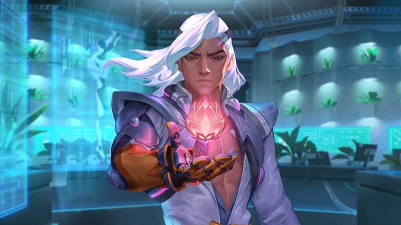 Artwork of elaborately dressed man in a scientific lab, projecting a holographic flower using a high-tech gauntlet.