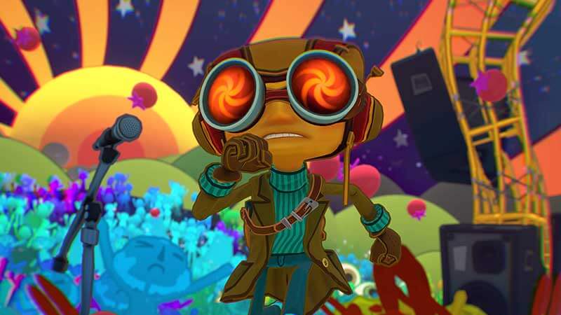 Screenshot from Psychonauts 2 of a character running towards the screen with a chotic background.