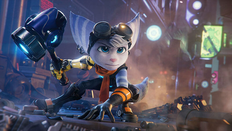 Rivet, a new character from Ratchet & Clank: Rift Apart, wields a glowing hammer.