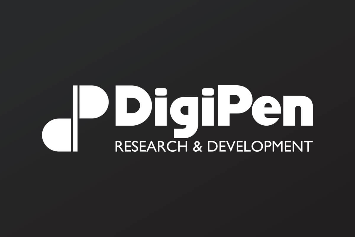 White logo of DigiPen Research and Development on a gray background