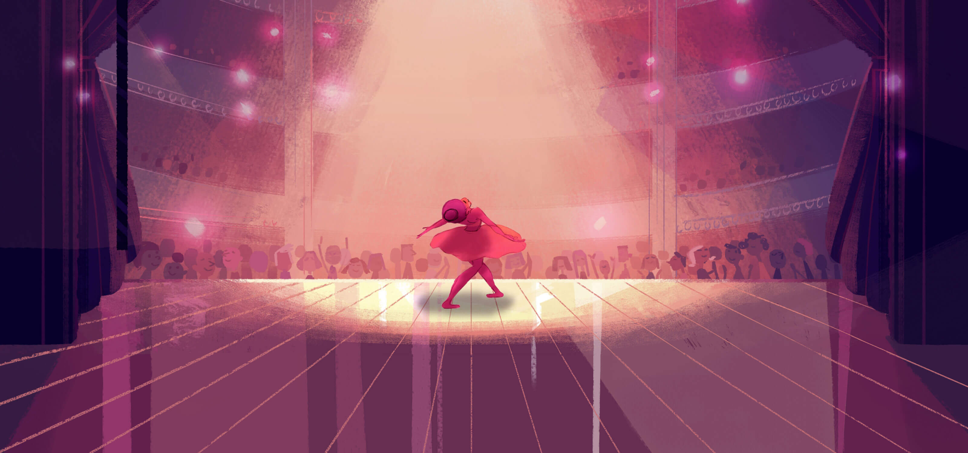 A ballerina, bathed in pink stage light, dances in front of a packed audience in a large, ornate theater.