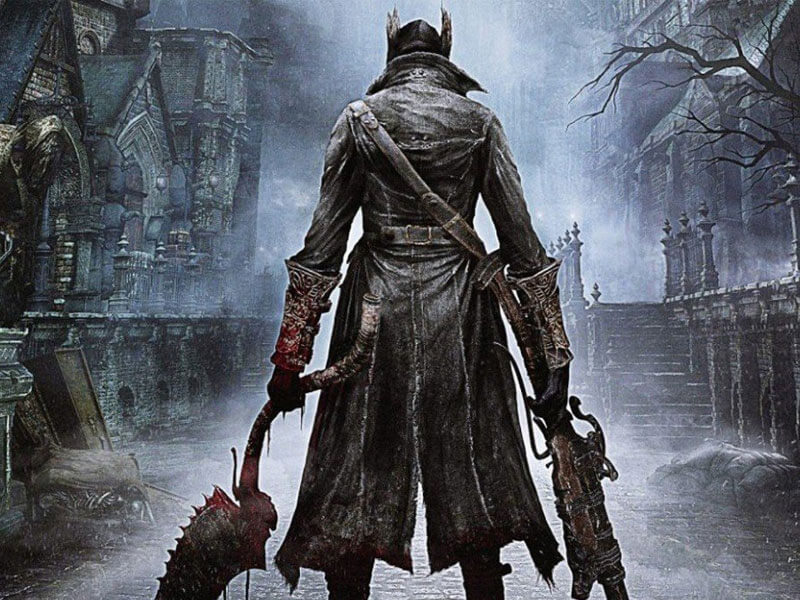 A Bloodborne character walks down a grey street carrying weapons