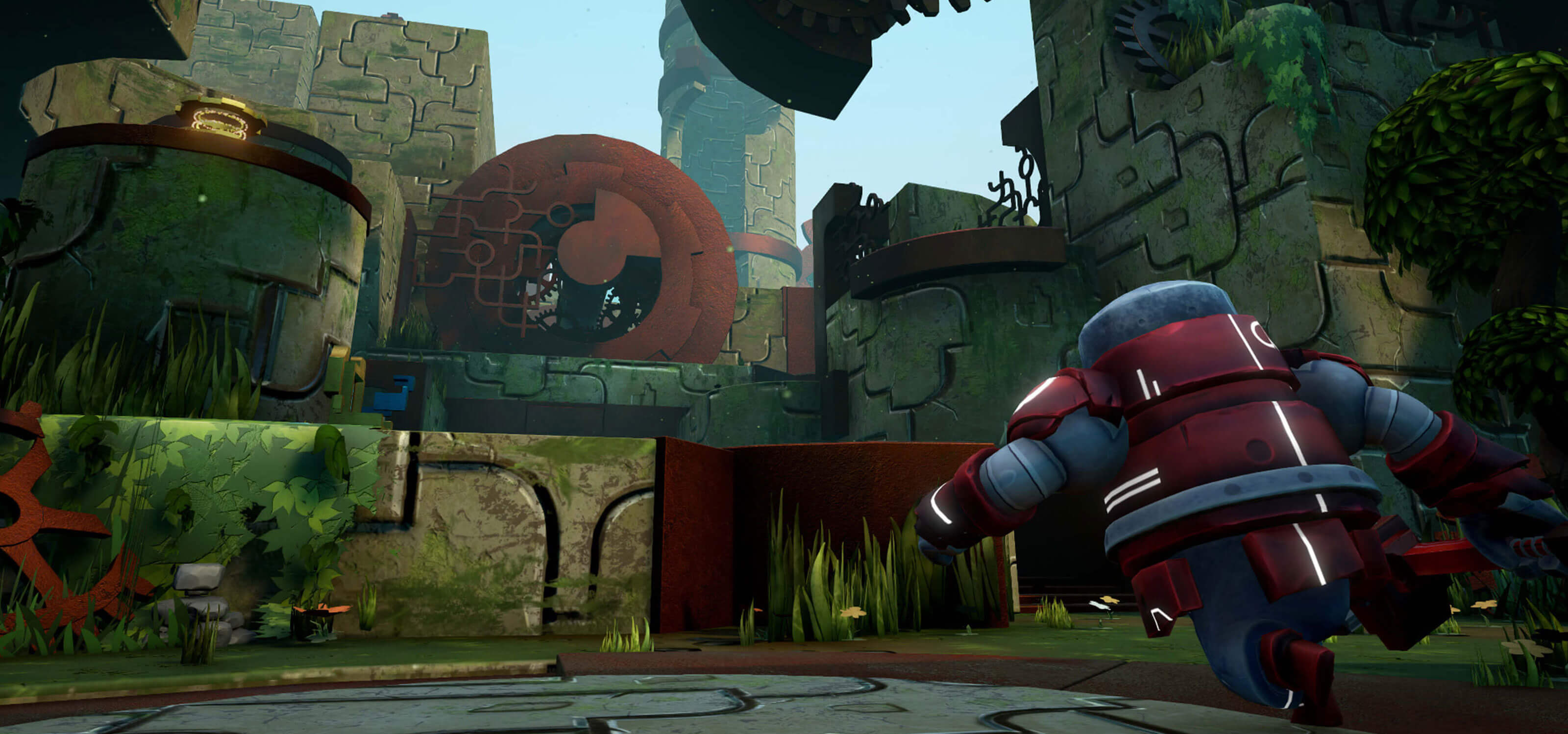 A red robot runs towards a stone structure overgrown with green foliage. 