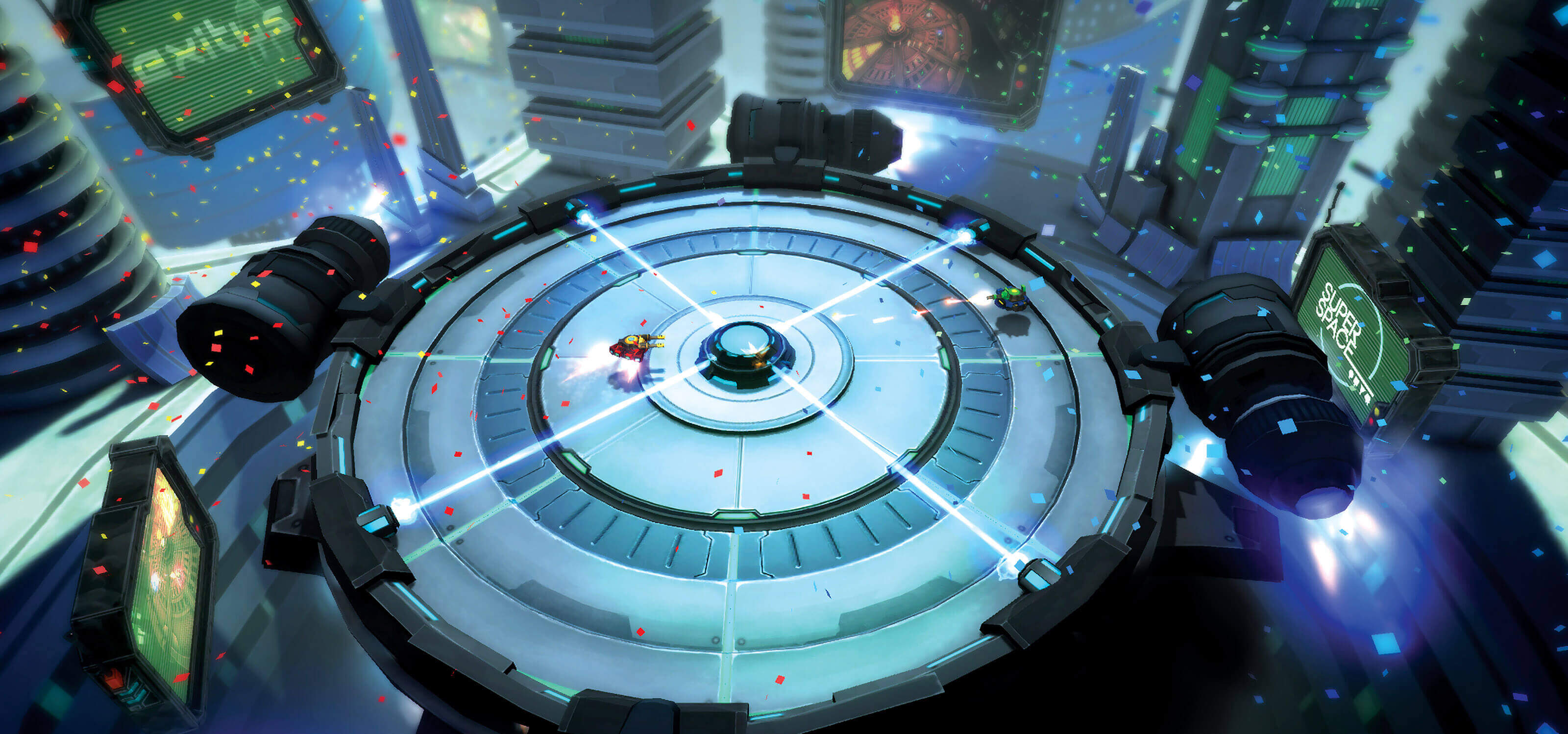 A hover-tank with a yellow machine gun turret and a red base, and another with a green turret and blue base face off in a futuristic arena.