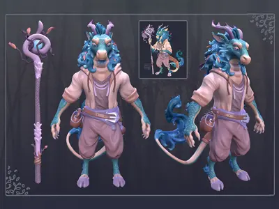 A model sheet of a humanoid dragon character with blue scales and a staff. 
