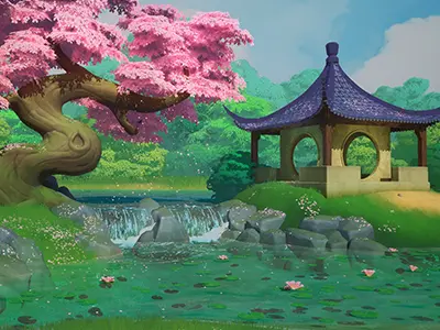 A 3D rendering with digitally painted materials and textures of a Chinese setting featuring a gazebo, cherry blossom tree, and a pond.