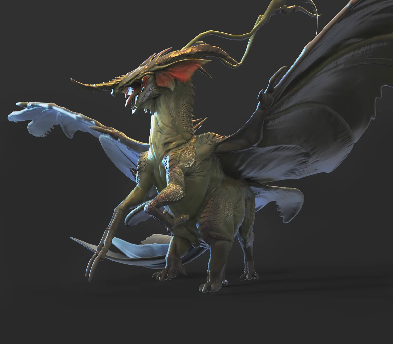 An intricate 3D model with shading and shadows of a centaur-like creature with dragon and bird influences.