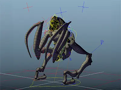 A wireframe 3D rigging of an alien insectoid.