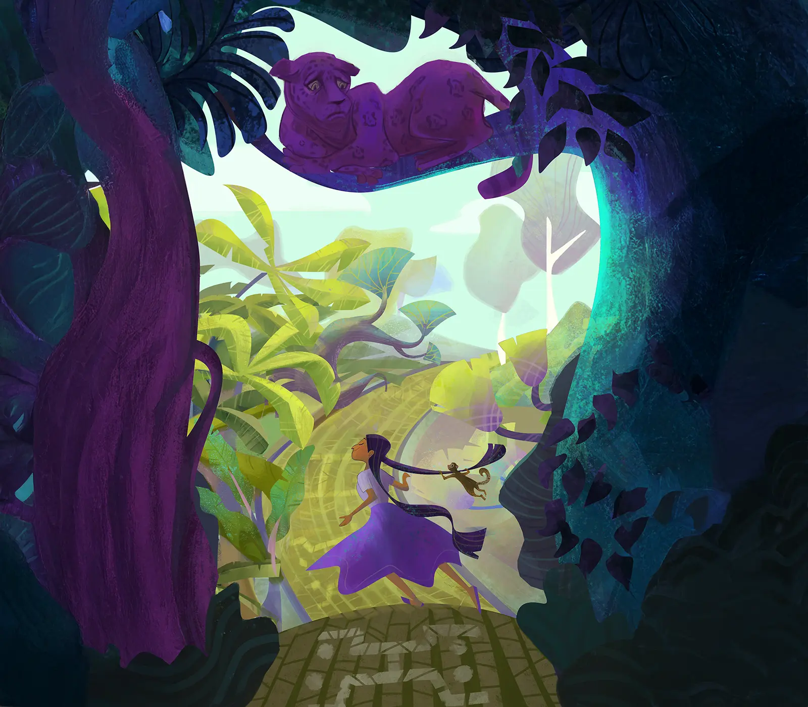 A 2D drawing of a girl, her pet chimp, and a leopard.