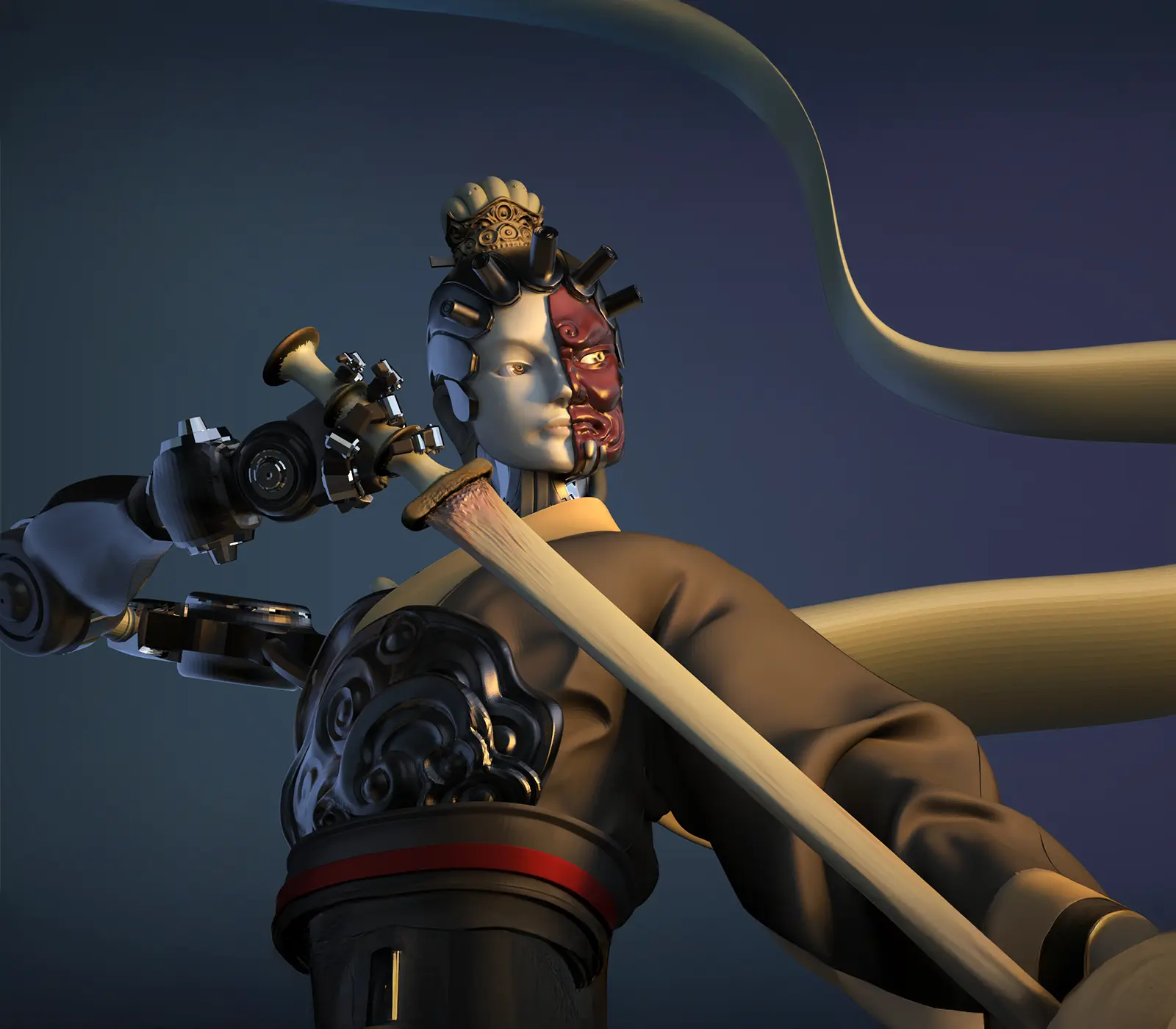 3D rendering of a mechanical samurai wielding a wooden sword.