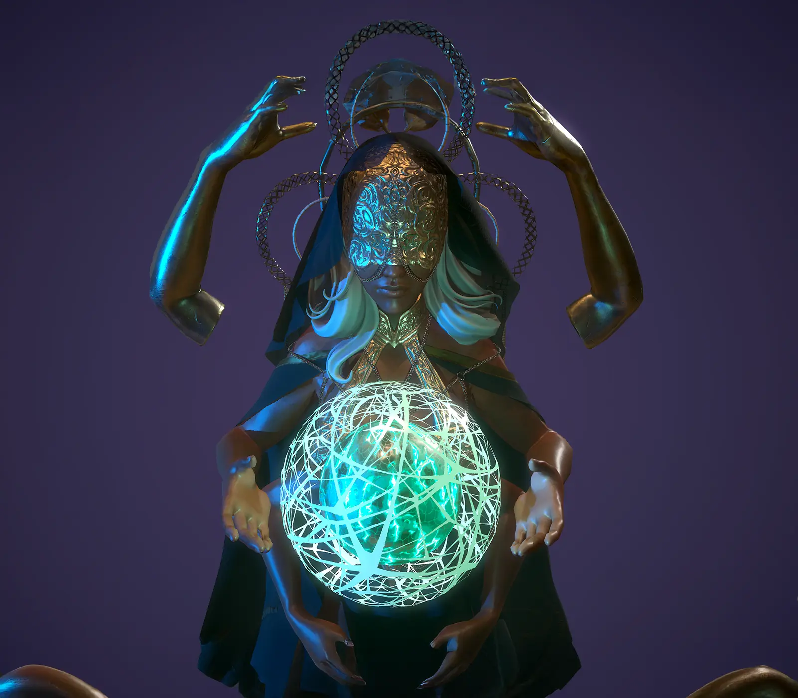 3D rendering of a hooded woman using multiple arms to hold a floating orb.