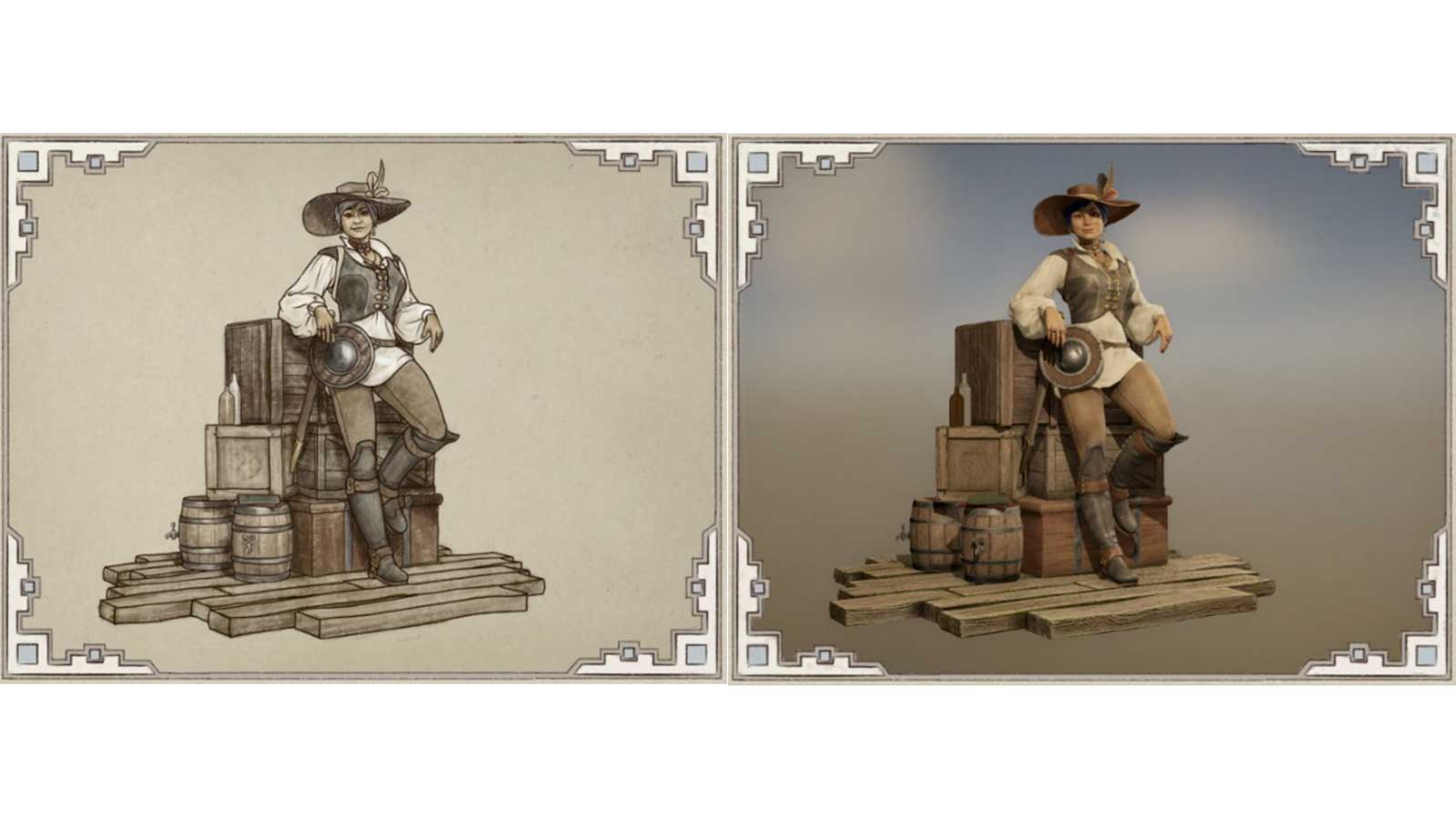 A side-by-side 2D drawing and 3D model of a woman with a sword and shield resting on crates.