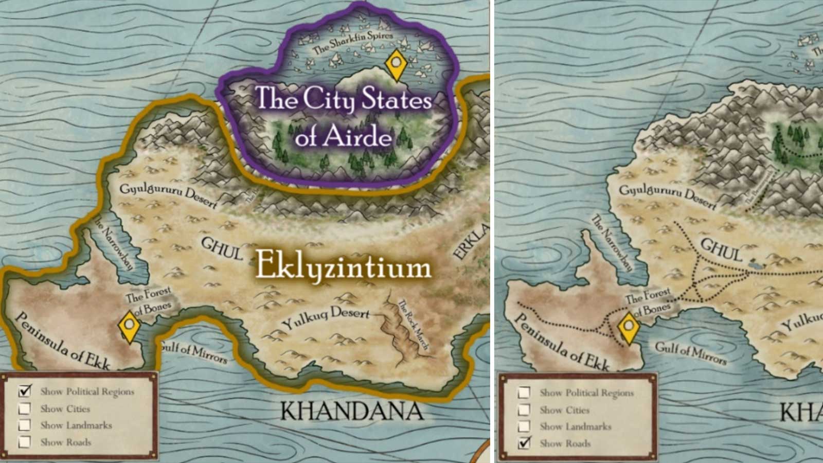 An illustrated map of the fantasy lands Khandana, Eklyzintium, and The City States of Airde.
