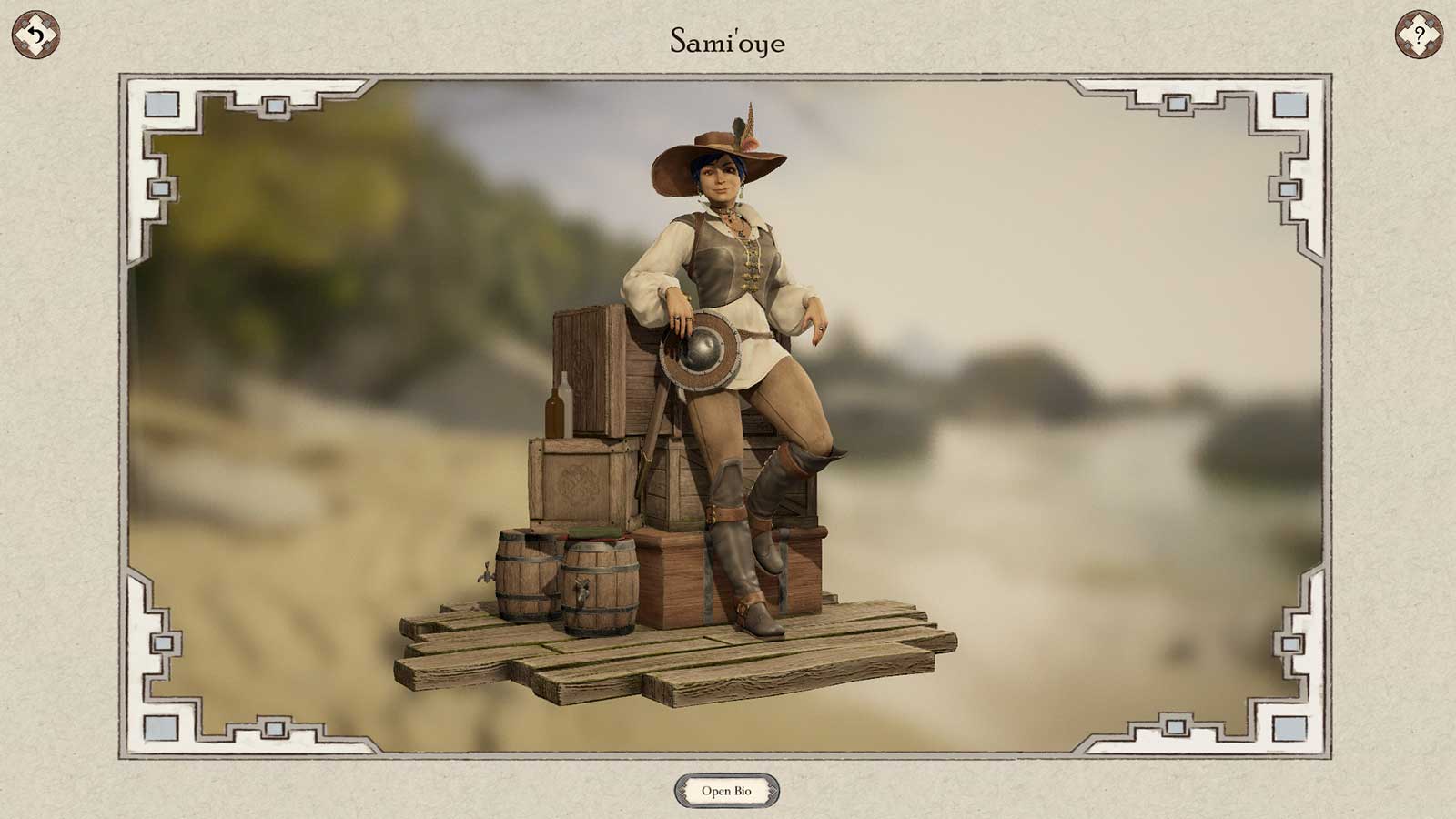 A 3D model of a hat-wearing woman with a sword and shield resting on a pile of crates.