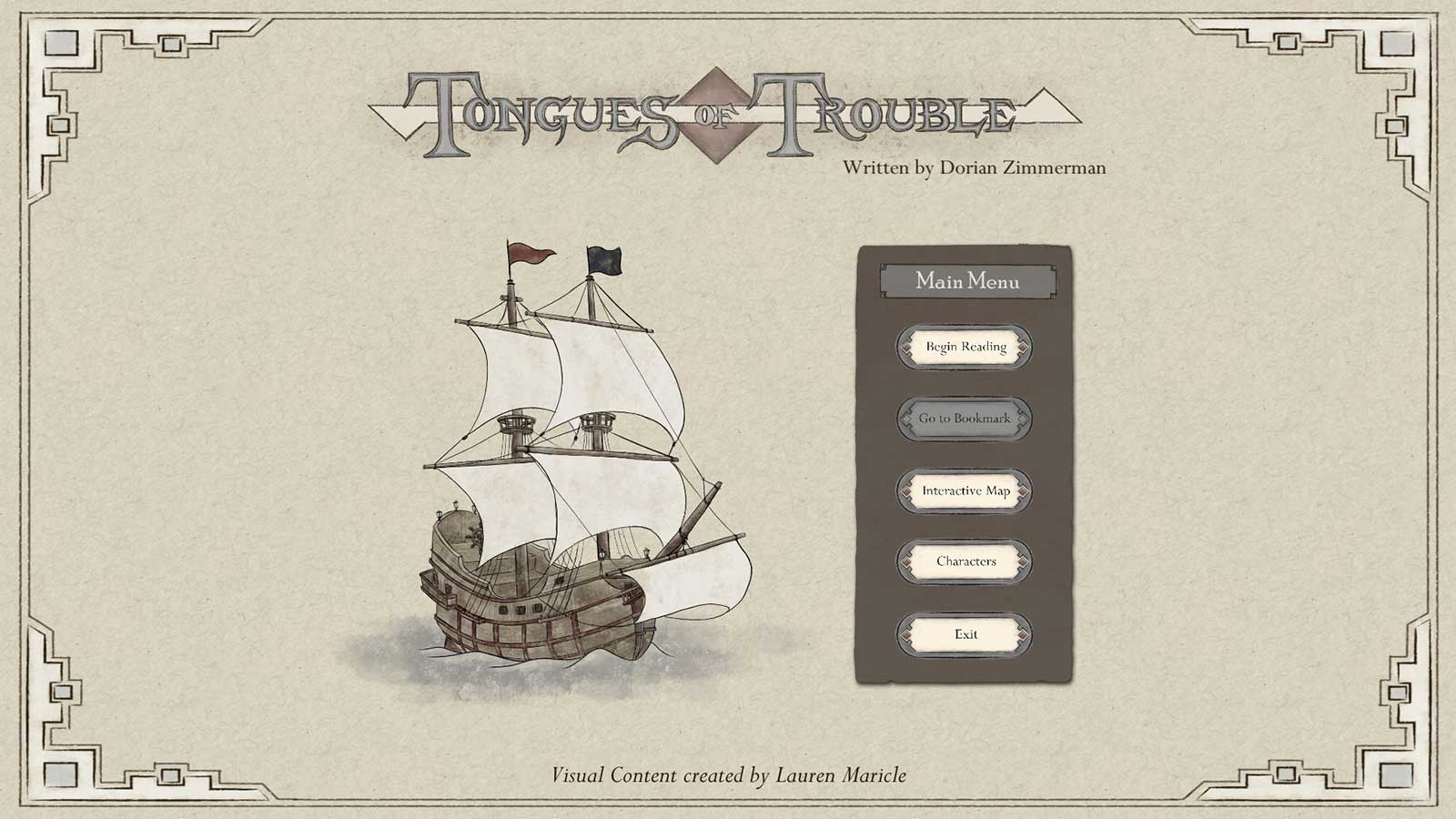 The starting menu screen for a visual novel named “Tongues of Trouble.” 