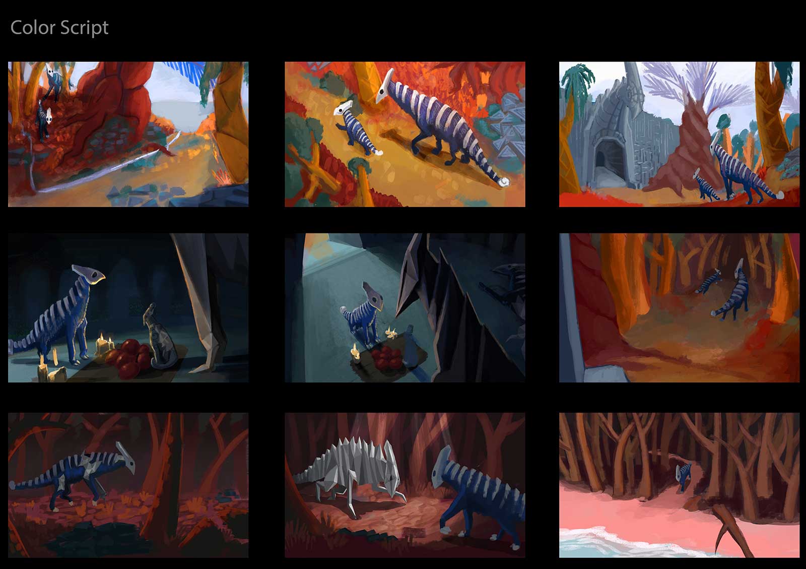 A color script for a film sequence about four-legged fantasy creatures. 