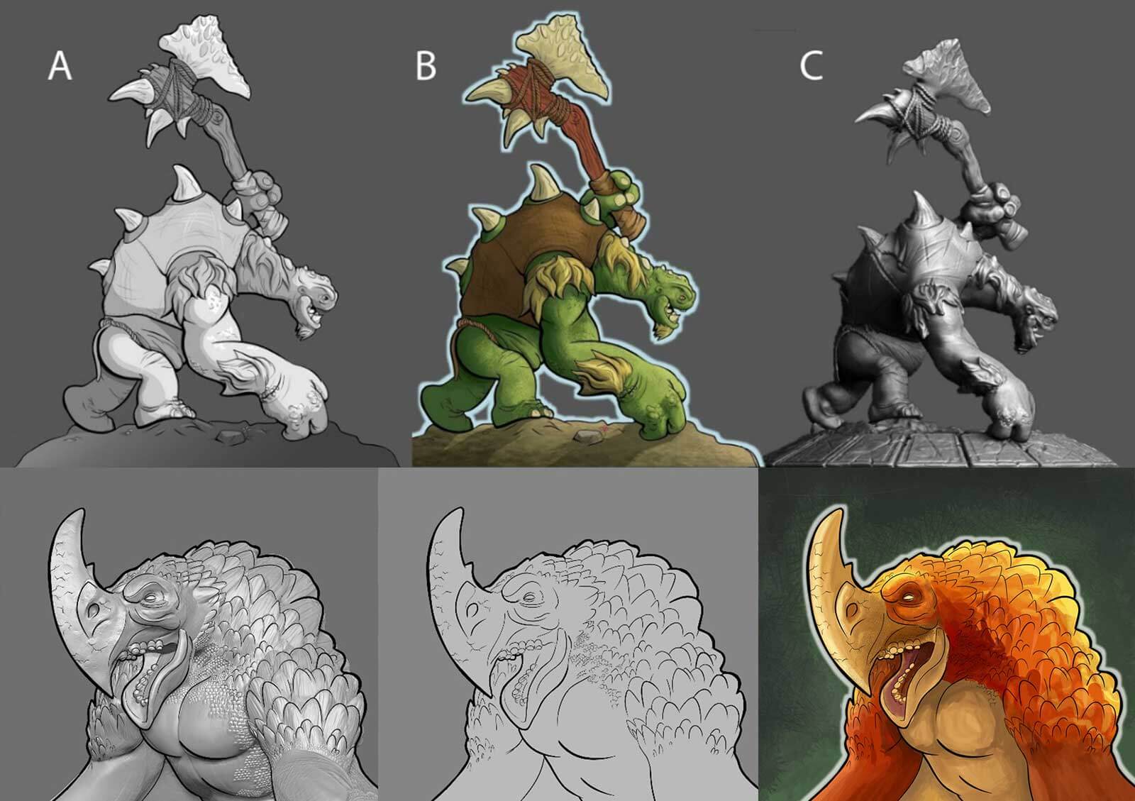 Gray 2D, colored 2D, and gray 3D renders of a green orc with an ax, and an orange monster.