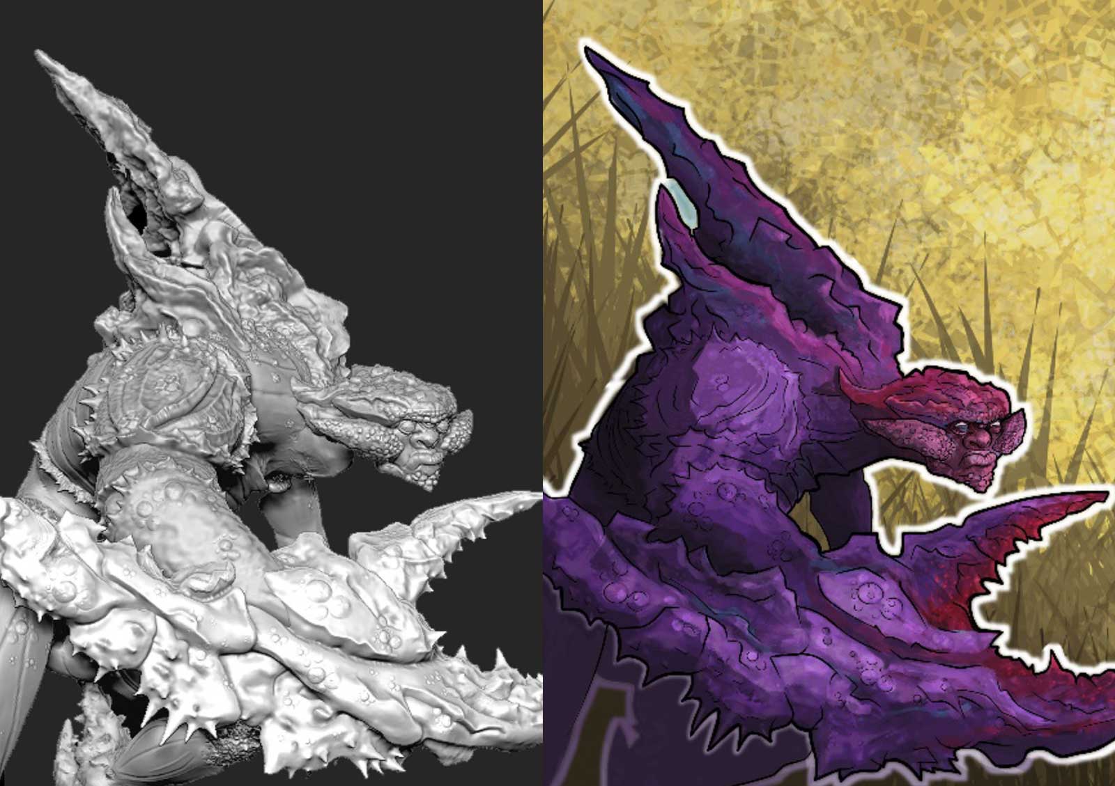 A 2D drawing of a purple crab monster next to a gray 3D model version of the same creature.