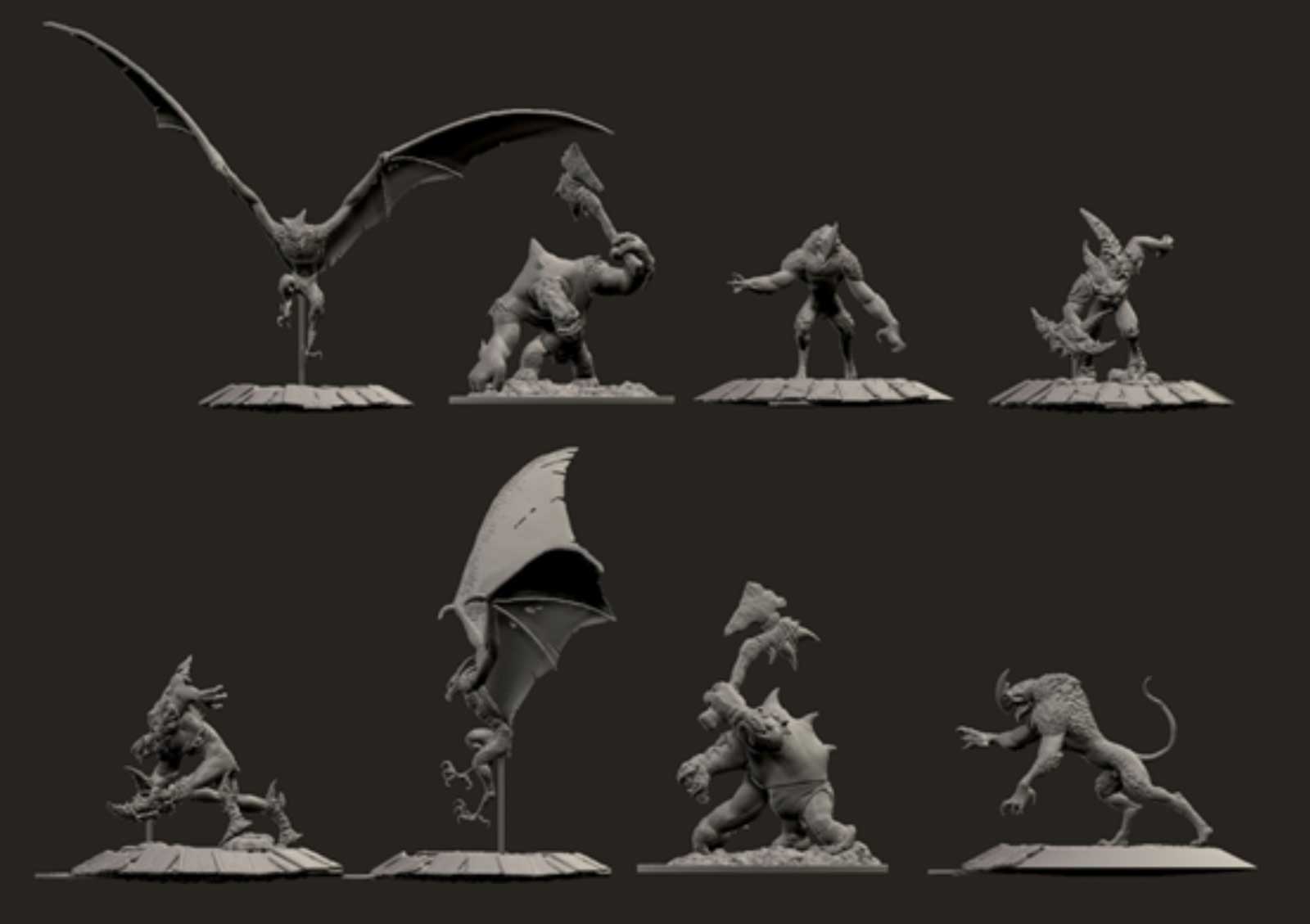 Gray 3D renders of various types of winged and ground-based monsters.